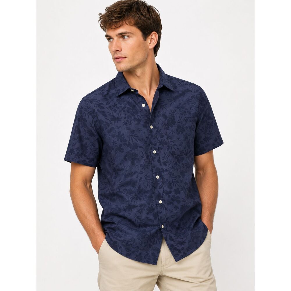 BANANA REPUBLIC Floral Short Sleeve Slim Button Down Blue Large